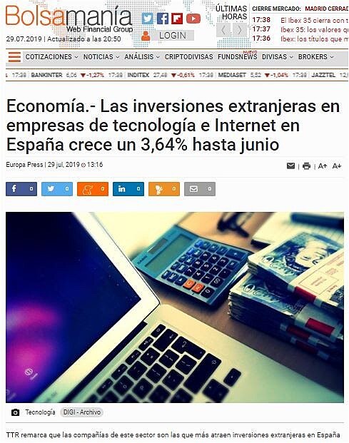 Las inversiones extranjeras en empresas de tecnologa e Internet en Espaa crece un 3,64% hasta junio